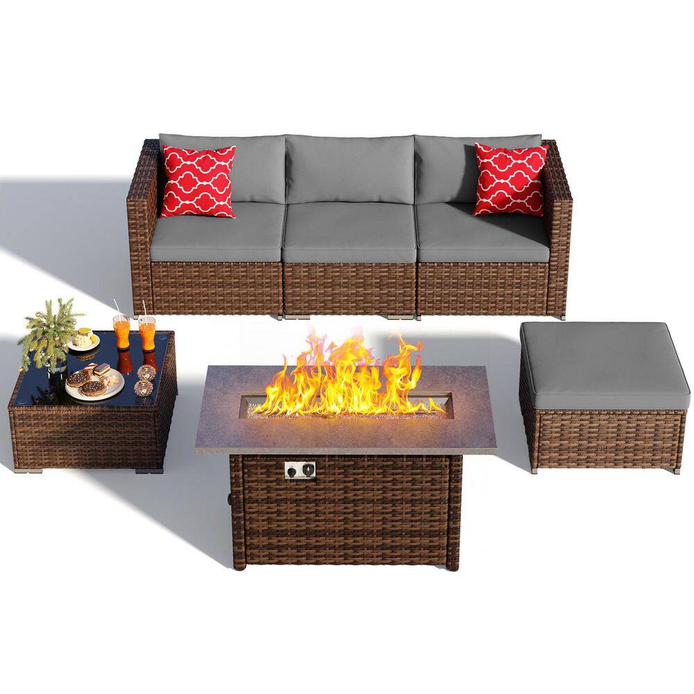 6-Piece  PE Rattan Outdoor Patio Conversation Sectional Set with 50,000 BTU Propane Fire Pit Table, Grey price history on PriceWatchPro