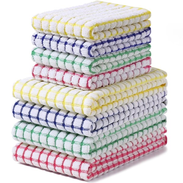 Blue, Yellow, Red and Green Plaid Cotton Kitchen Towels and Dishcloths, 16 x 25 in. and 12 x 12 in., Set of 8