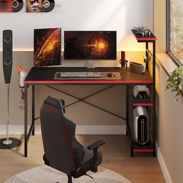 44 in. Rectangular Black and Red Carbon Fiber Gaming Desk with 4 Tier Storage Shelves Computer Desk with RGB LED Lights