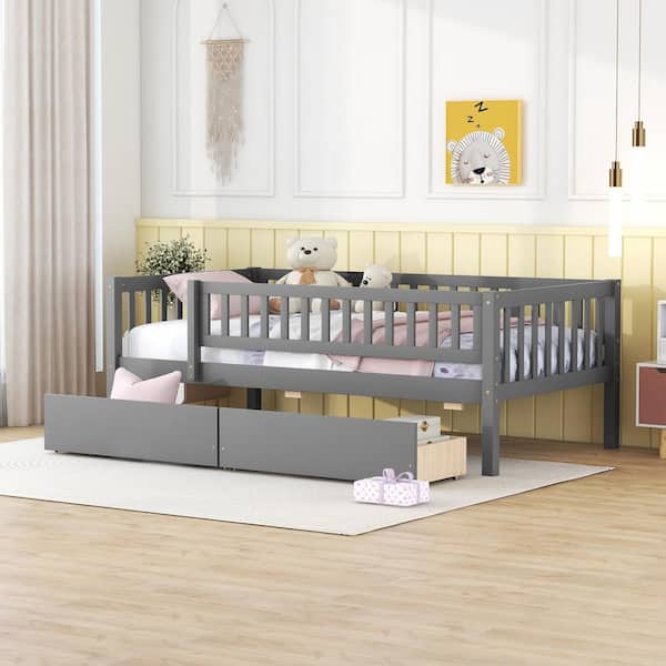 Harper & Bright Designs Gray Twin Size Wood Platform Bed with Full-Length Guardrail and 2-Drawers