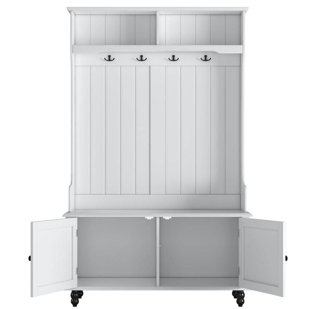 40 in. W x 17.7 in. D x 64.2 in. H White Linen Cabinet Hall Tree with 4 Hoo