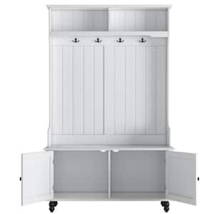 40 in. W x 17.7 in. D x 64.2 in. H White Linen Cabinet Hall Tree with 4 Hooks Storage Bench for Entrance, Hallway