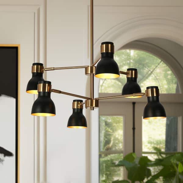 Suddly 6-Light Modern Brass Gold Adjustable Chandelier, Industrial Two Tiers Hanging Pendant with Black Cone Metal Shade