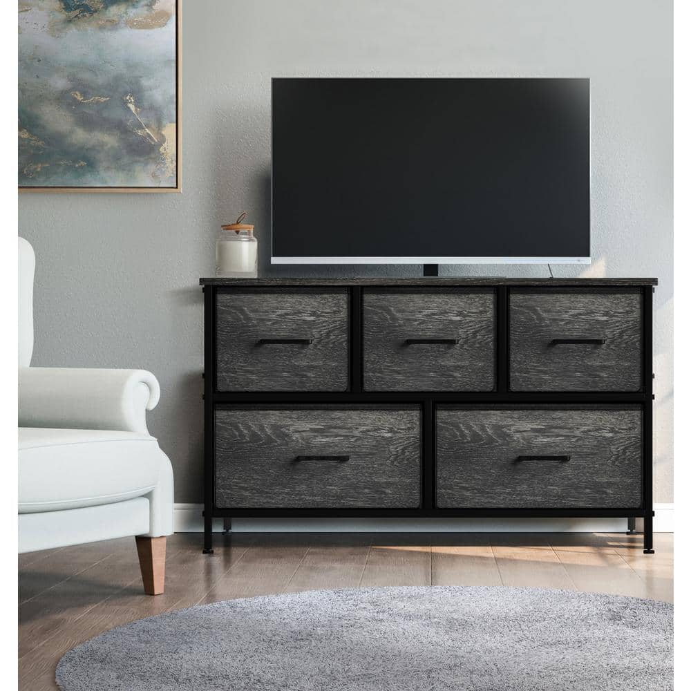Black Fabric and Wood 5-Drawer Horizontal Dresser