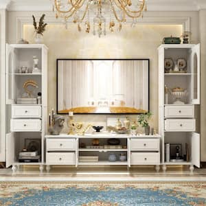 White Wood TV Stand Entertainment Center Fits TV's up to 80 in. with 2 Bookshelves and Acrylic Glass Door, Drawers