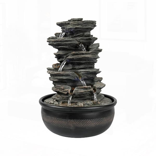 15.7 in. Resin 5-Tier High Rock Cascading Indoor Tabletop Tiered Fountain with LED Lights for Home and Office