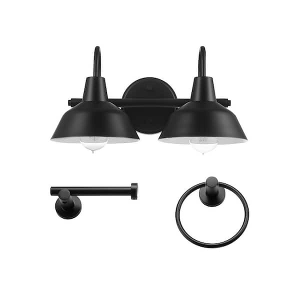 Globe Electric 15.5 in. 2-Light Matte Black Vanity Light with 2-Piece Bathroom Accessory Set