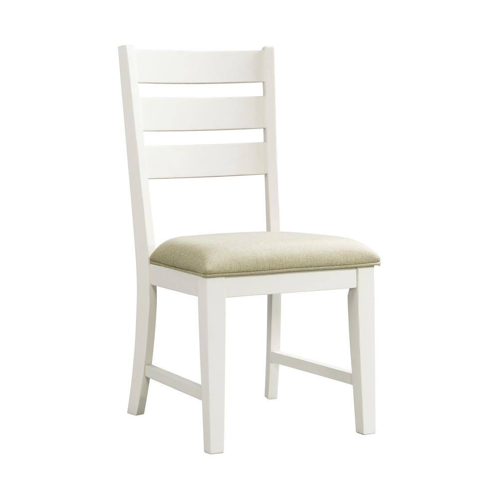 Farmhouse White Linen & Wood Ladder Back Side Chair Set
