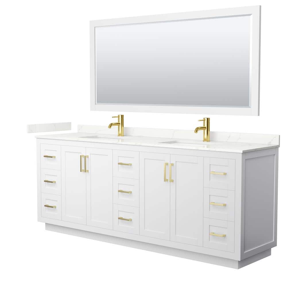 Wyndham Collection Miranda 84 in. W x 22 in. D x 33.75 in. H Double Bath Vanity in White with Giotto Quartz Top and 70 in. Mirror, White with Brushed Gold Trim -  840193358737