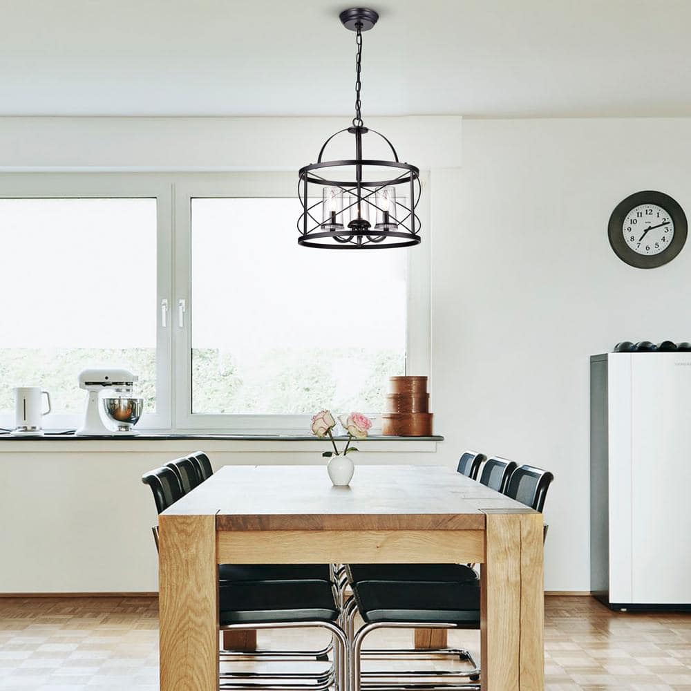 Black Lantern Style 3-Light Chandelier with Glass Shades