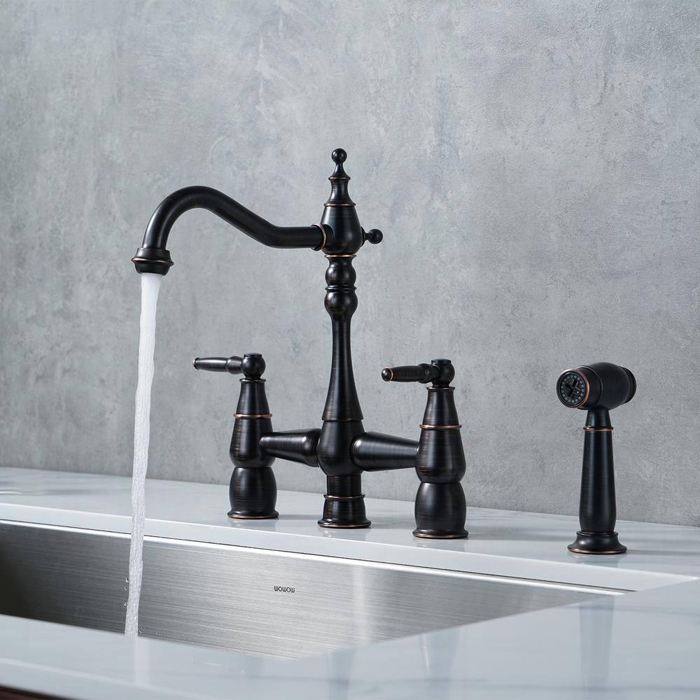 Oil Rubbed Bronze Bridge Kitchen Faucet with Side Sprayer