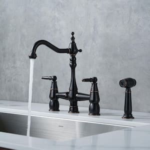 4 Hole Double Handle Bridge Kitchen Faucet with Side Sprayer Deck Mount in Oil Rubbed Bronze