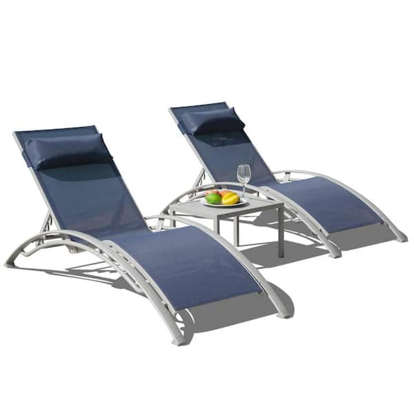Sudzendf Metal Outdoor Patio Chaise Lounge Blue with Adjustable Backrest & Removable Pillow (2 Lounge Chairs+1 Table) (Set of 3)