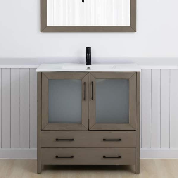 Vanity Art 36 in. W x 18 in. D x 36 in. H Driftwood Gray Bath Vanity with White Ceramic Top and Mirror