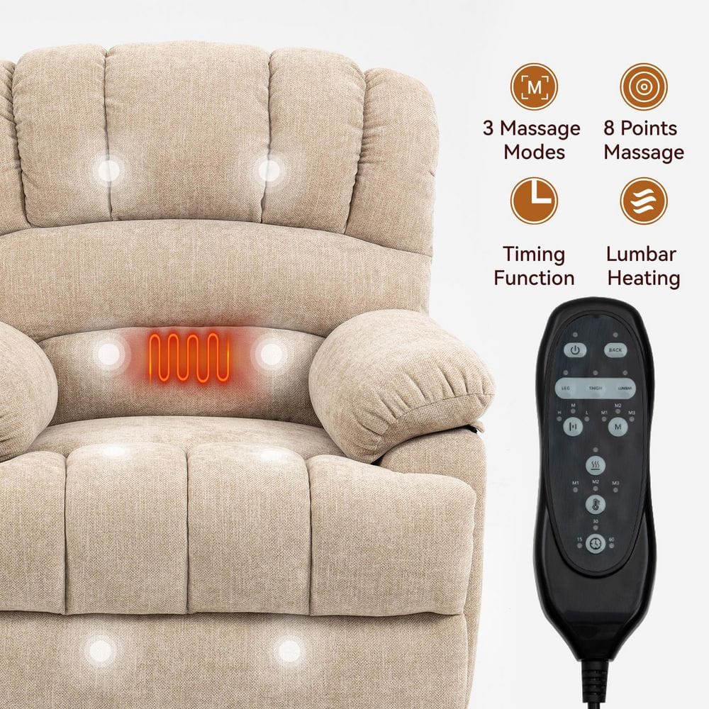 Close-up of beige power lift recliner chair showing heating and massage features with remote.