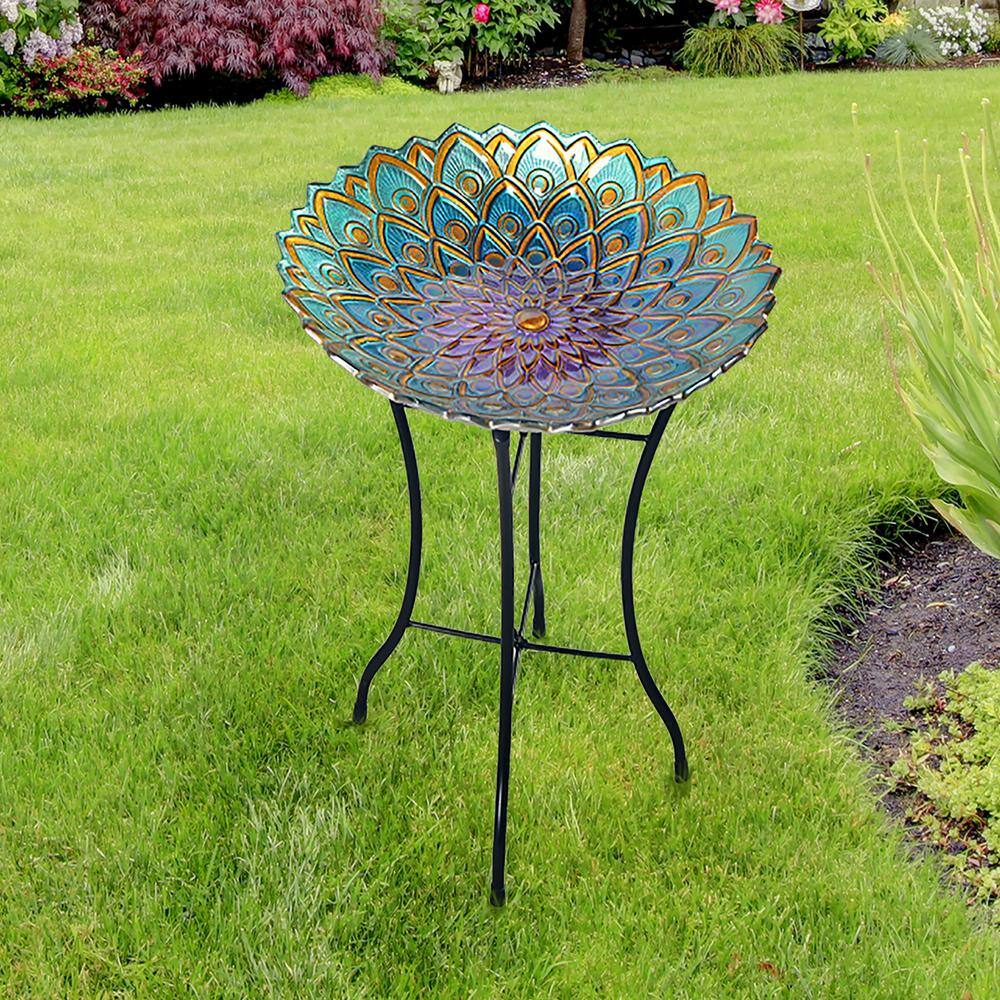 18" Multicolor Mosaic Glass Bird Bath with Metal Stand