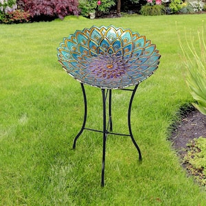 18 in. Glass Outdoor Fusion Mosaic Flower Birdbath with Stand