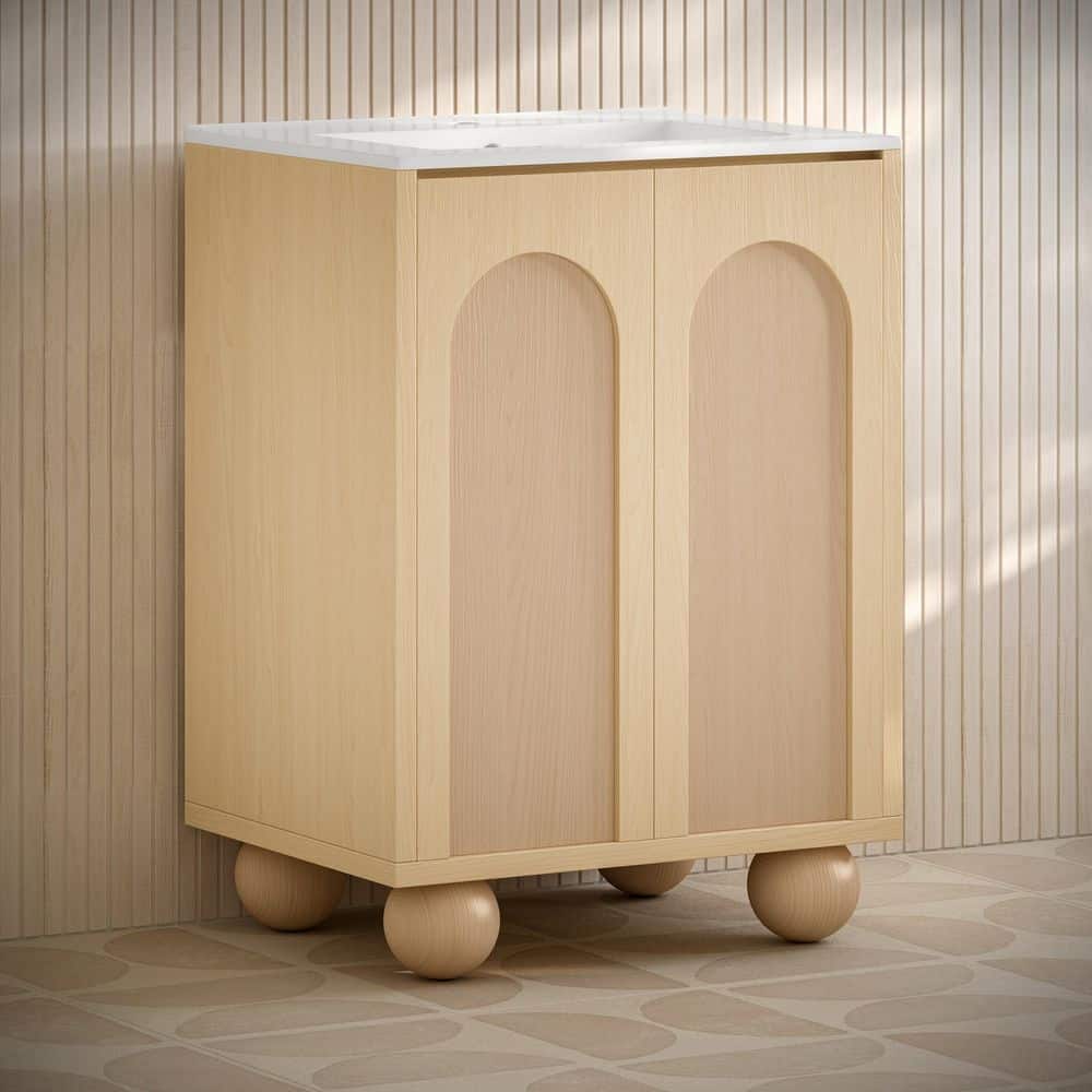 Plaisir II 24" Natural Oak Freestanding Bathroom Vanity with White Ceramic Sink Top