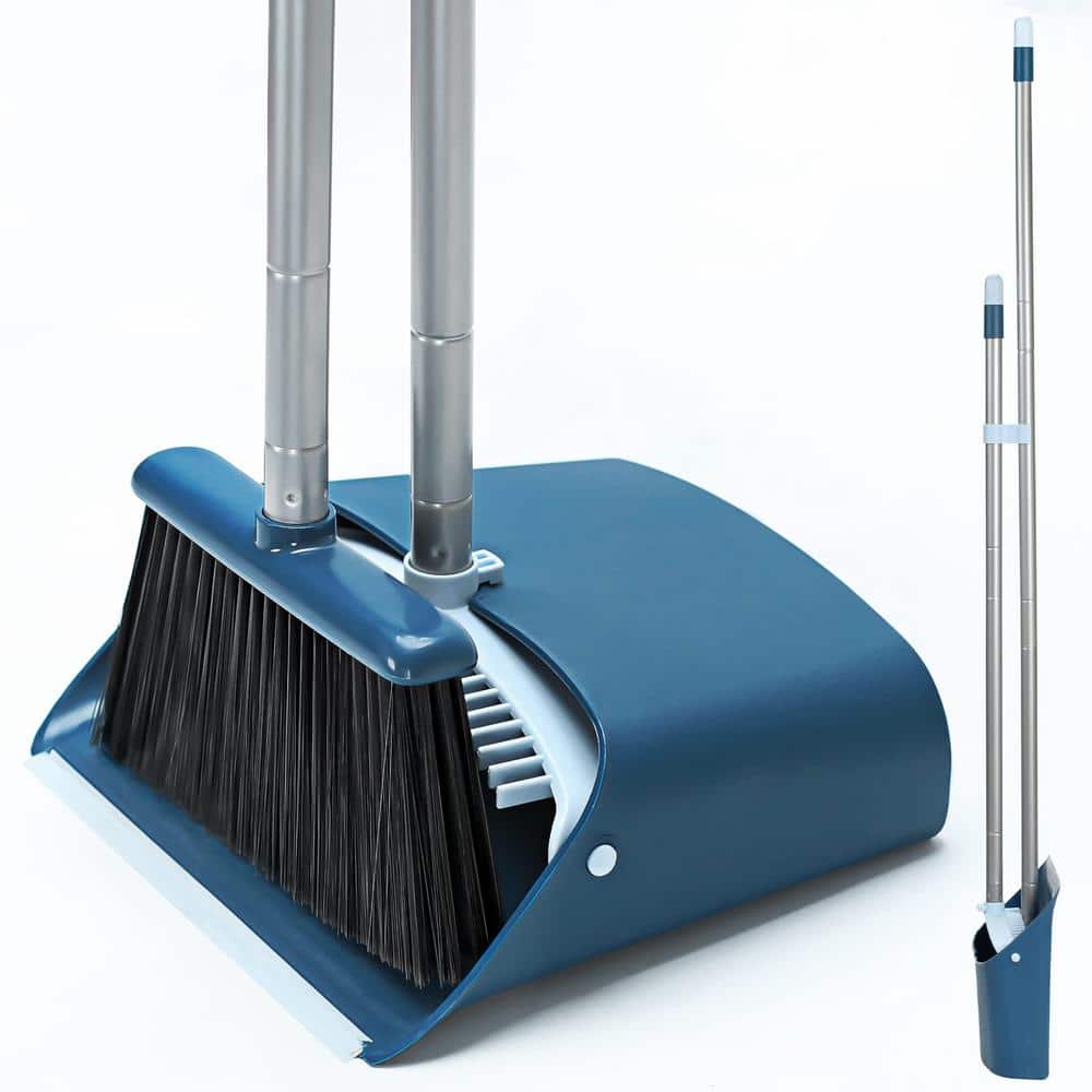 WiseWater Adjustable 50'' Broom and Dustpan Set with Comb Teeth, Upright  Stand Brooms and Dustpan for Bedroom and Kitchen, Stainless Steel, Dark  Blue 