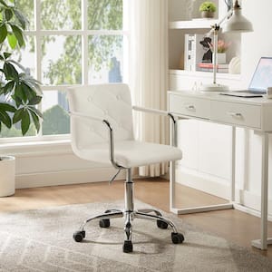 Office Stool with Arms/Wheels for Students Swivel Faux Leather Office Chair Home Computer Chair, White