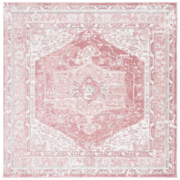 Layla 5 ft. x 5 ft. Ivory Gray/Pink Border Ornate Square Area Rug