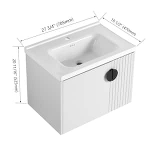 28 in. W Single Sink Wall Mounted Bath Vanity in White with White Ceramic Top