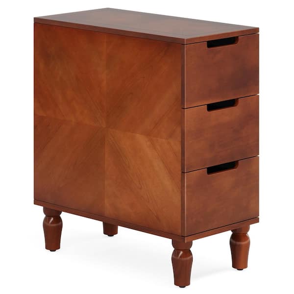 BYBLIGHT 23.62 in. Vintage Brown Rectangular Solid Wood End Table with 3 Drawers, No Assembly Required