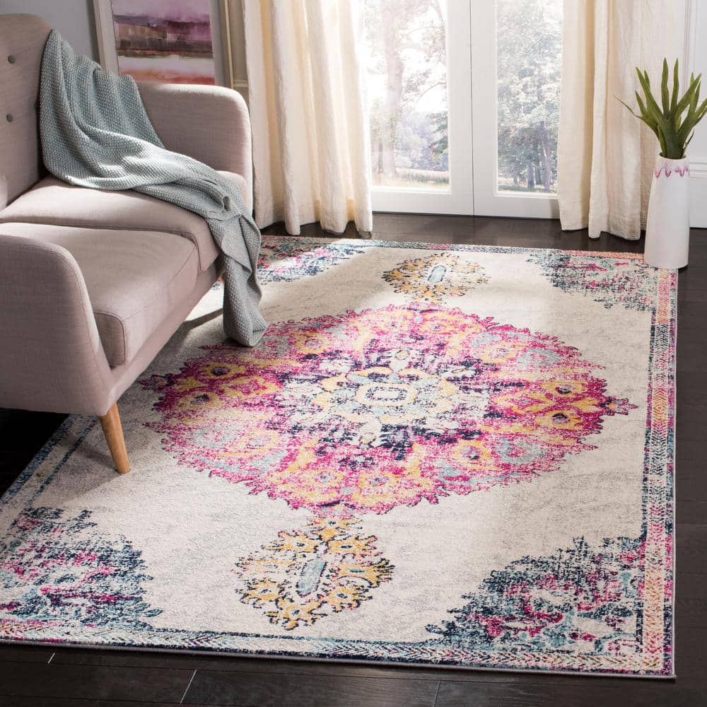 Ivory and Fuchsia Distressed Medallion 8' x 10' Area Rug