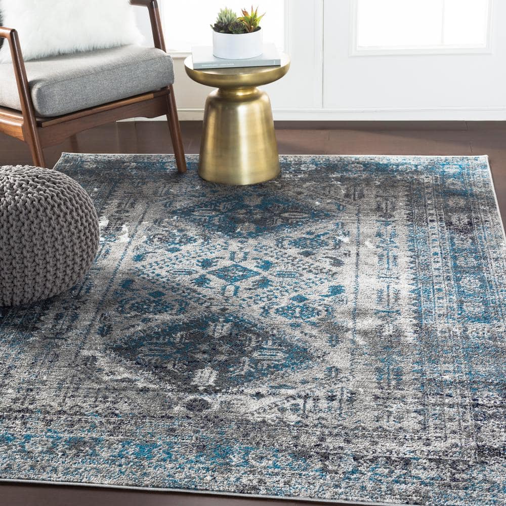 Blue and Grey Rectangular Stain-Resistant Synthetic Area Rug