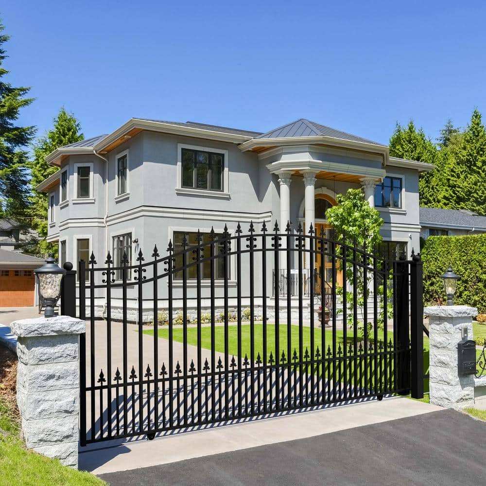 Black Steel Arched Sliding Driveway Gate with Pointed Pickets