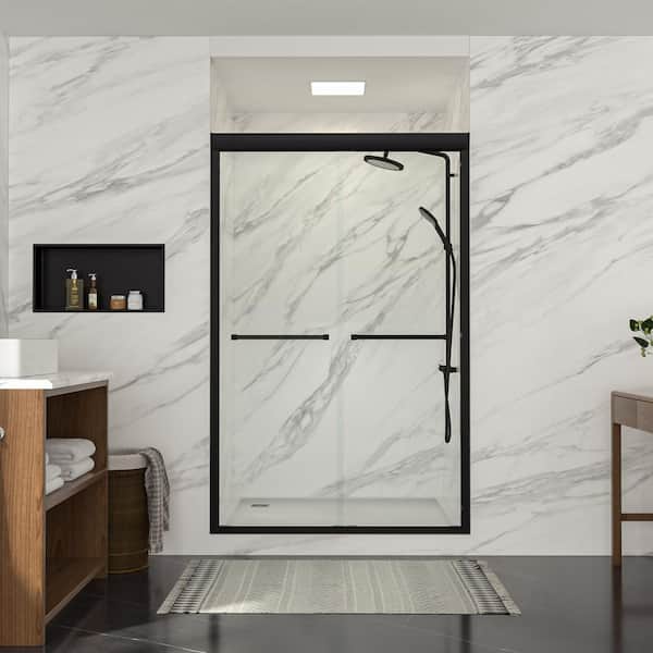 LORDEAR 48 in. W x 76 in. H Bypass Sliding Semi-Frameless Shower Door/Enclosure in Matte Black with Clear Glass