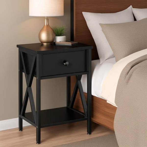 VECELO Nightstands X-Design Side End Table Night Stand Storage Shelf with Drawer 11.8Wx 15.8L x 21.7H Retro Black Set of 2