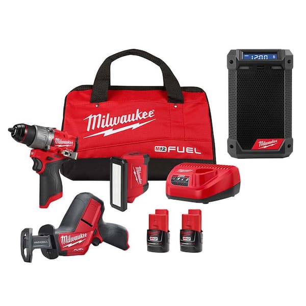 Milwaukee M12 FUEL 12-Volt Li-Ion Brushless Cordless Hammer Drill Combo Kit, Recip Saw, Light, Jobsite Radio w/2 Batteries(4-Tool)