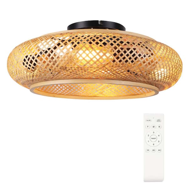 BICIK 20 in. Indoor Boho Caged Flush Mount Bamboo Weaving Black Ceiling Fan with Remote Control and 7 wood grain ABS Blades