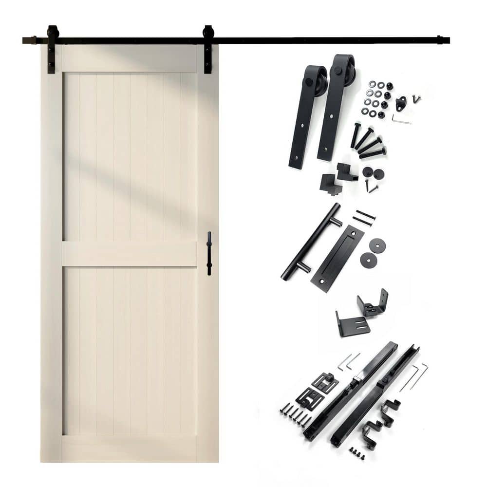 HOMACER 54 in. x 84 in. H-Frame Tinsmith Gray Solid Pine Wood Interior Sliding Barn Door with Hardware Kit Non-Bypass, Tinsmith Gray/54x84 -  YT1TG1205484HTG