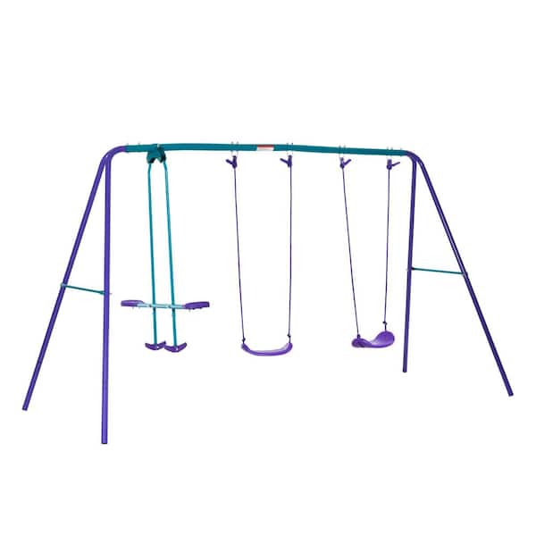 Unbranded Purple Metal Heavy Duty A-Frame Swing Set with Glider, 2-Swing Seats and Adjustable Height