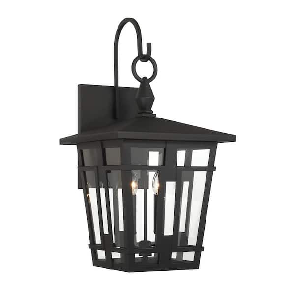 The Great Outdoors Fieldstone 32 in. Sand Coal Black Outdoor Hardwired Lantern Wall Sconce with Clear Glass Shades, No Bulbs Included
