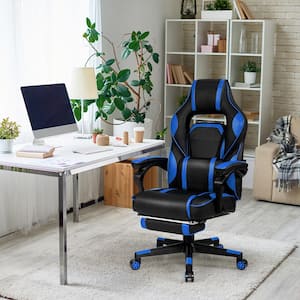 Blue Plastic Massage Gaming Chair Recliner Racing Chair with Retractable Footrest Home