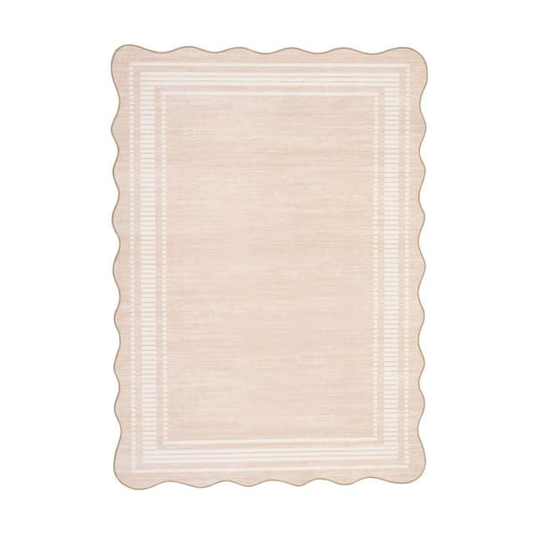 5 ft. x 7 ft. Beige Scallop Area Rug, Washable Rug, Non-Slip Low-Pile Solid Rug, for Bedroom, Living Room, Home Office