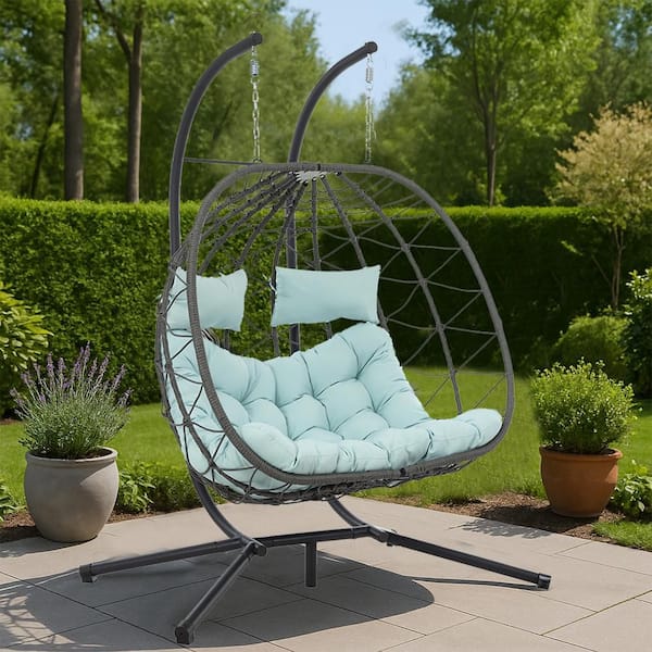 Outdoor Wicker Hanging Egg Chair Patio Swing Basket Chair with Removeable Blue Cusion and Stand for Balcony
