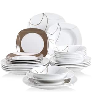 Nikita 24-Piece Casual Ivory White with Brown Lines Pattern Porcelain Dinnerware Set (Service for 6)