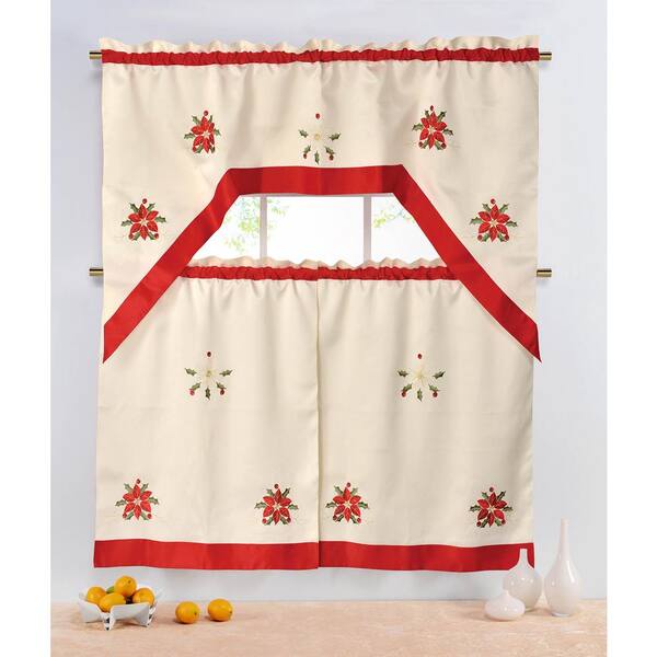 CHI Sheer Holiday Poinsettia Embroidered Sheer 72 in. L 3-Piece Kitchen Tier Set with Red Trim Border