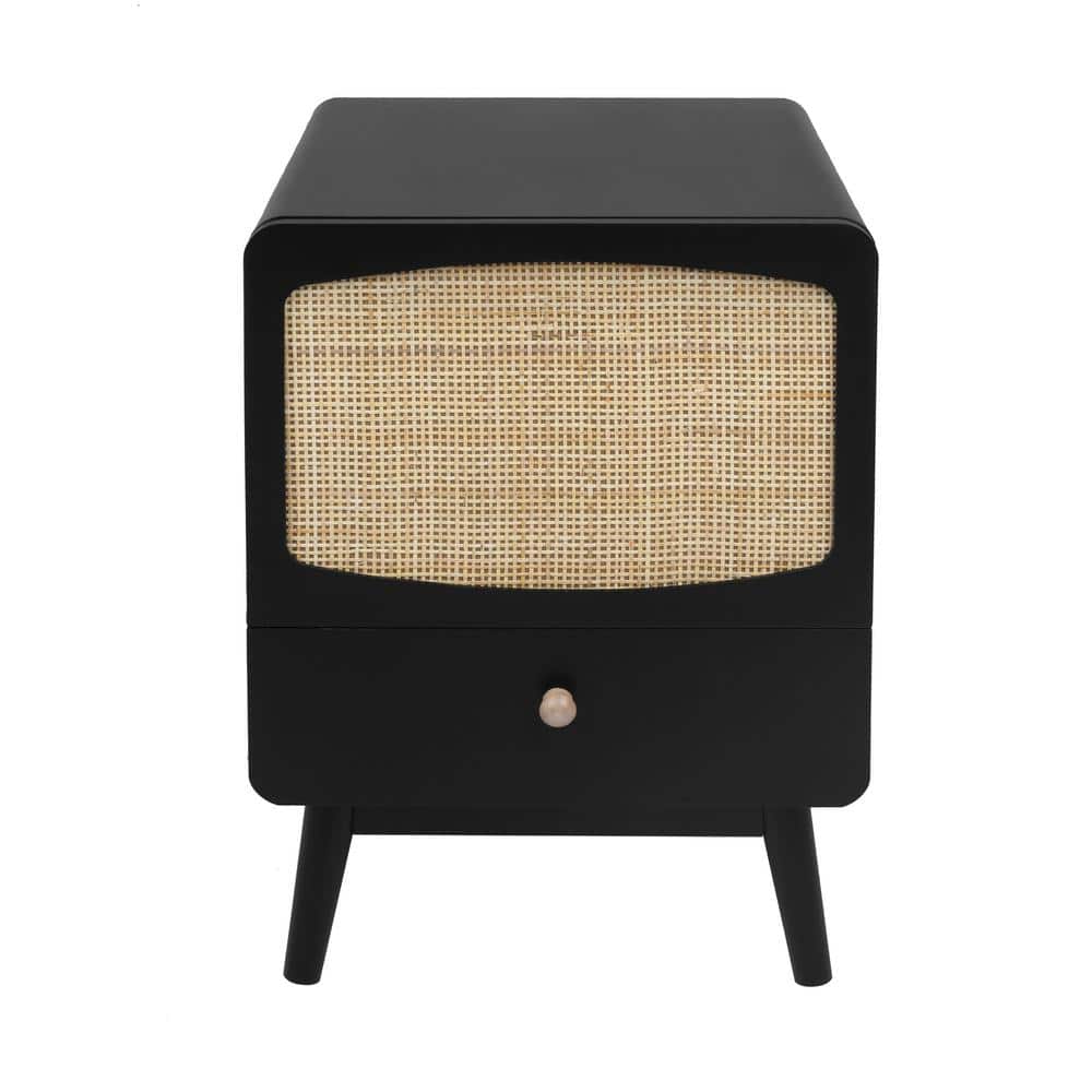 15.75 in. W x 15.75 in. D x 22.05 in. H Black Linen Cabinet with Rattan Doo