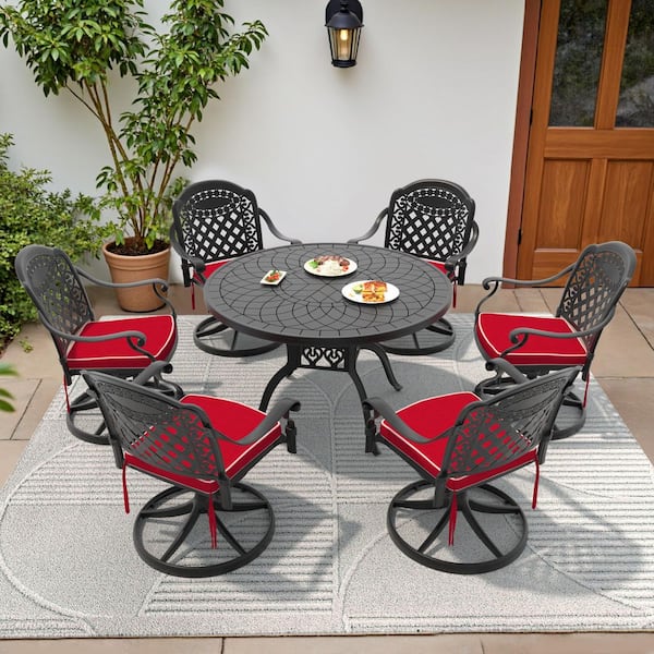 Vintage 7-Piece Cast Aluminum Patio Outdoor Dining Set with Round Dining Table, 6 Swivel Chairs and 6 Red Cushions