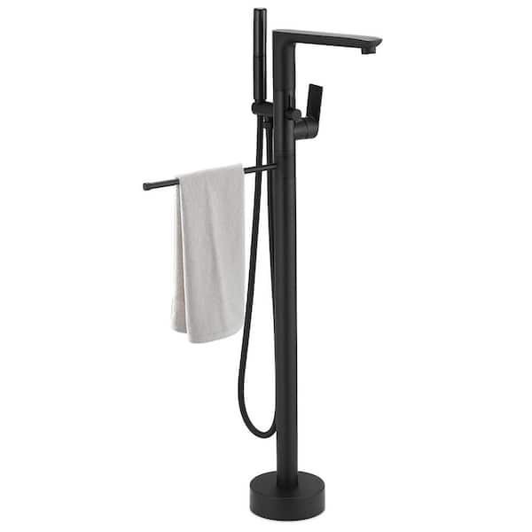 BESy Single-Handle Floor Mount Freestanding Tub Faucet Bathtub Filler with 2 Function Hand Shower in. Matte Black