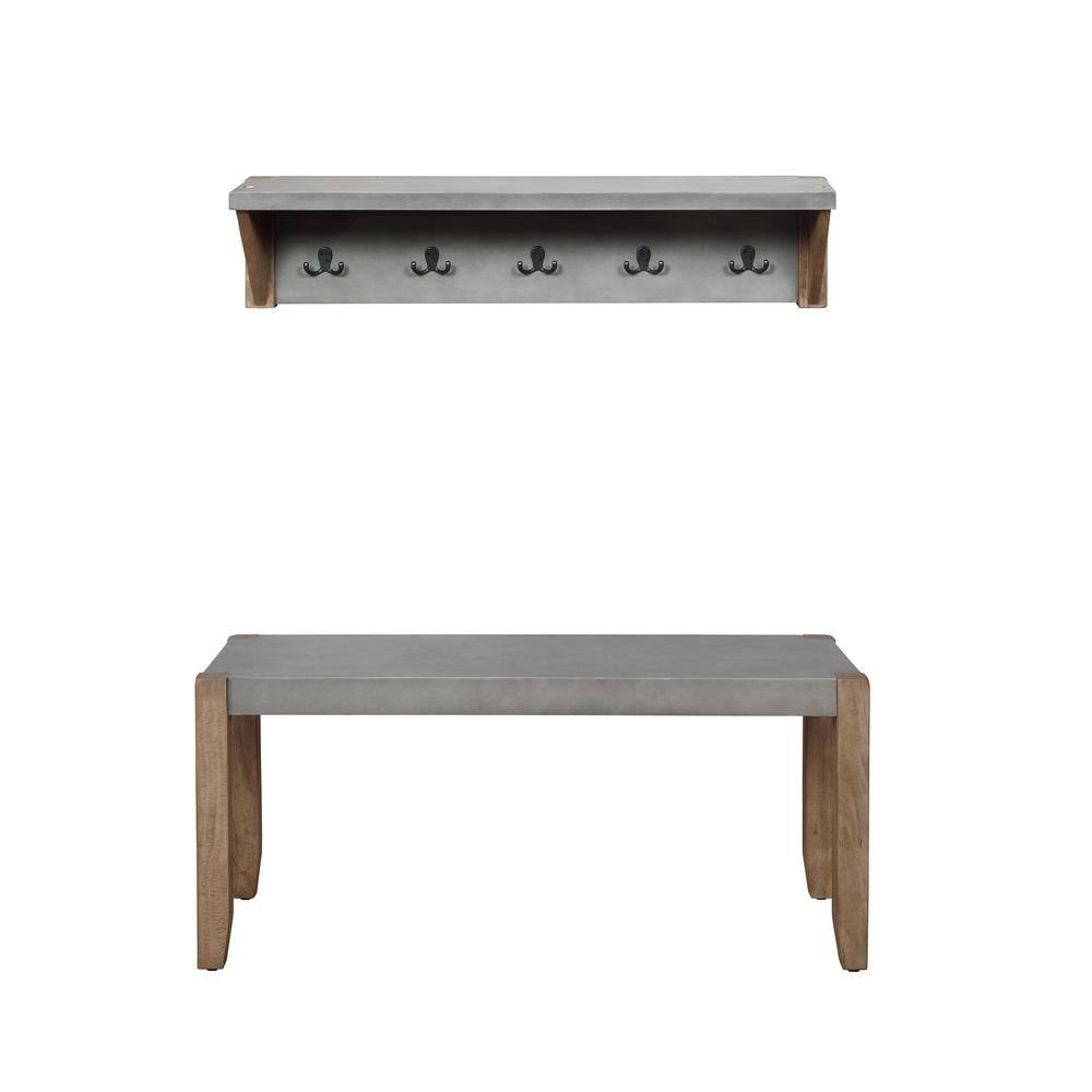 Newport Light Amber Wood and Gray Composite Entryway Bench with Coat Hooks