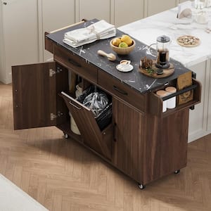 Brown Wood 51 in. Kitchen Island with 5 Wheels and 2 Drawers, Towel Rack, Trash Can Storage Cabinet, Drop Leaf