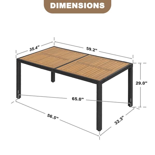 Black Acacia Wood, PE Rattan and Metal Rectangle Outdoor Dining Table with Adjustable Feet