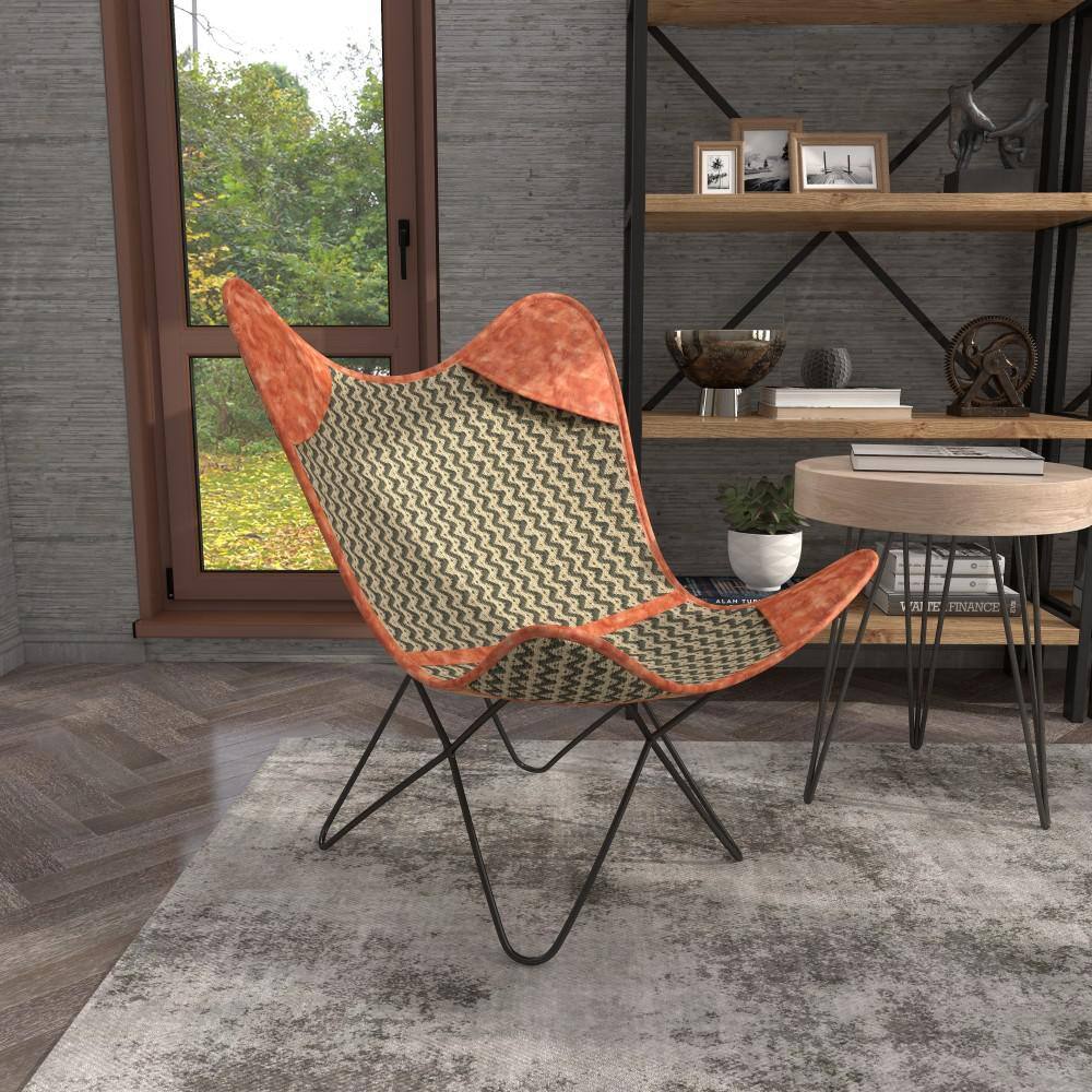 Zigzag Gray Leather Butterfly Accent Chair with Metal Frame