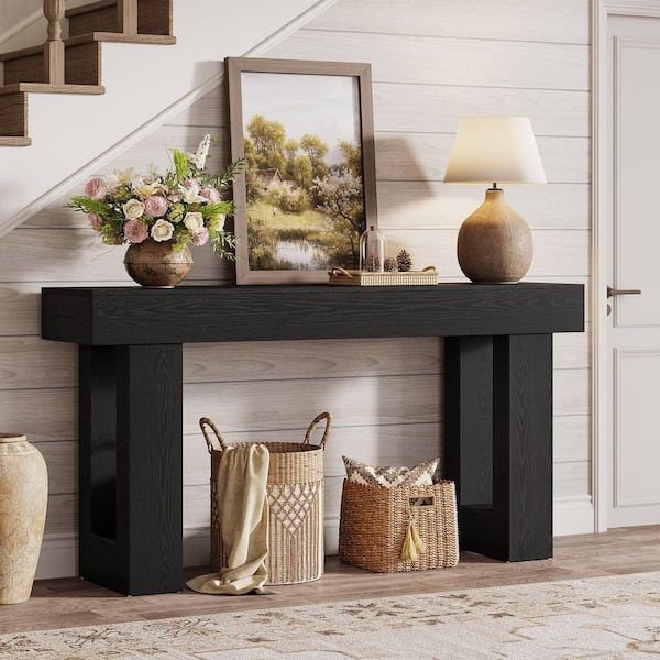 Turrella Rustic Charm 63in. Black Wood Grain Rectangle Wood Console Table with Open-frame